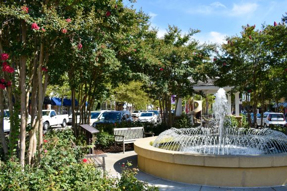 A lovely little fountain surrounded by trees.