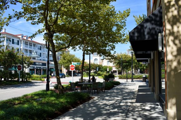 A sidewalk in the center of Market Commons